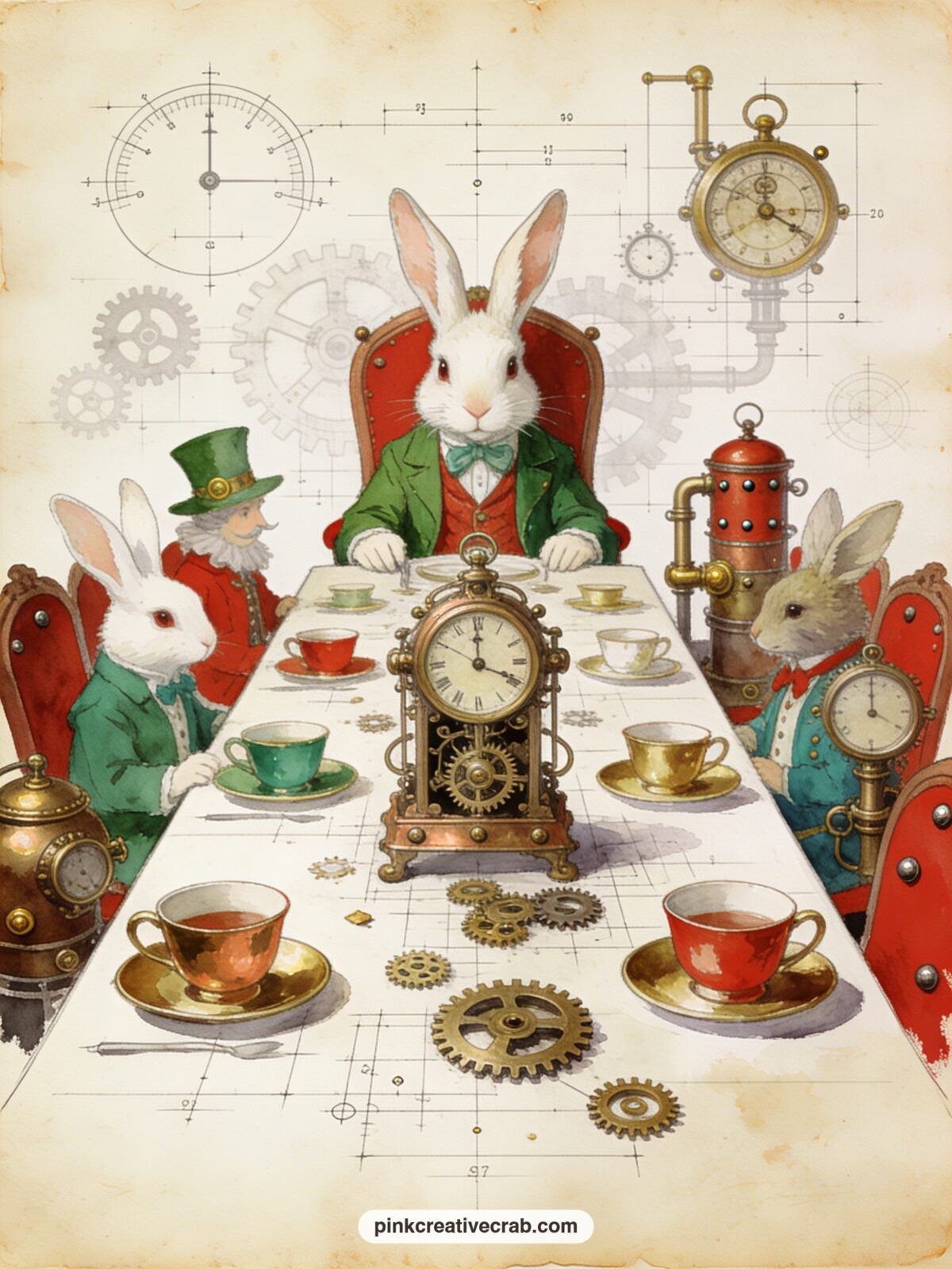 March Hare and the Clockwork Table printable page — For the five minute version of this page, skip coloring the full table setting and simply outline the Hare
