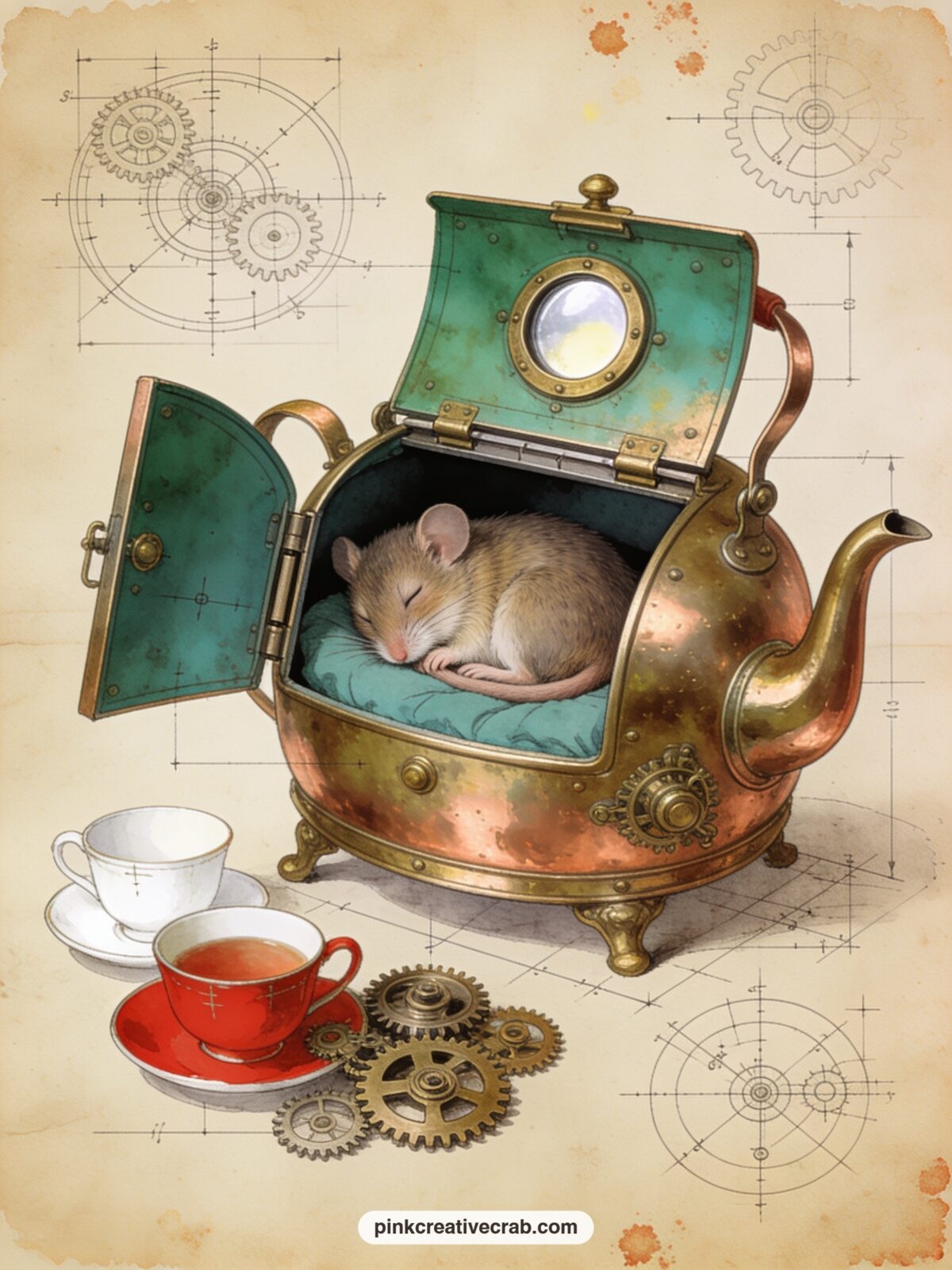 Dormouse in a Brass Teapot Bed printable page — This one is a quiet gift page for a journal made for someone who loves naps and small comforts: the Dormouse