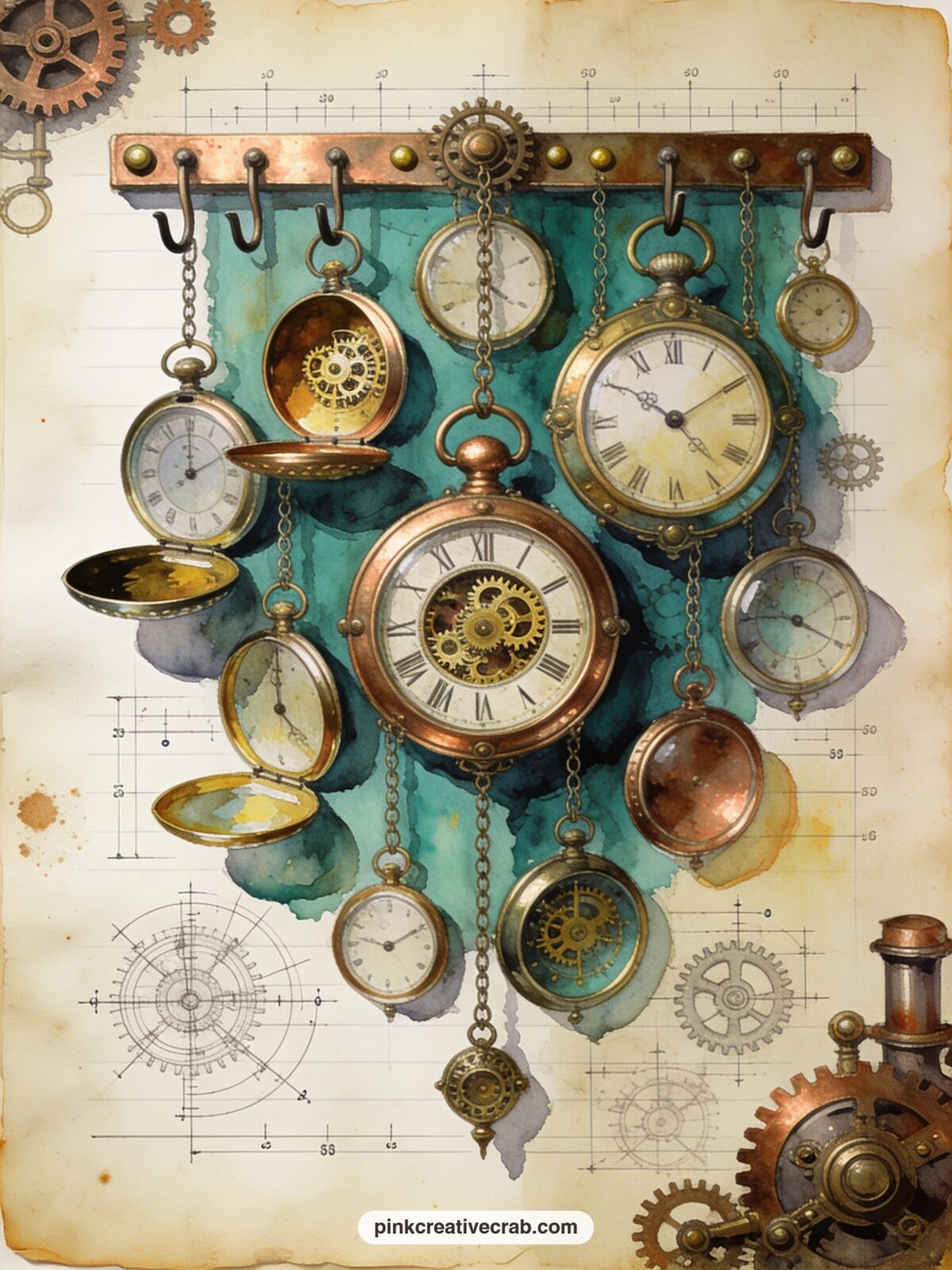 Hatter's Collection of Timepieces printable page — What usually goes wrong on a page this busy with watches is giving every one the same size and shade.
