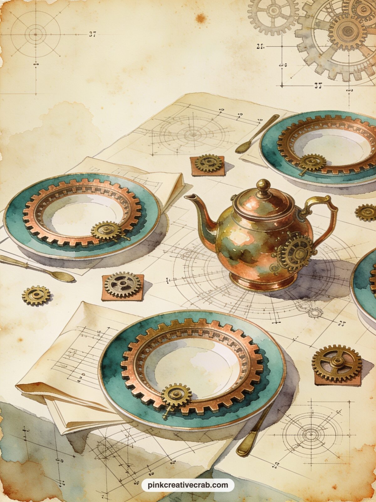 Tea Party Table From Above printable page — How would you arrange your own gathering around a table like this. Steampunk alice in wonderland junk journal