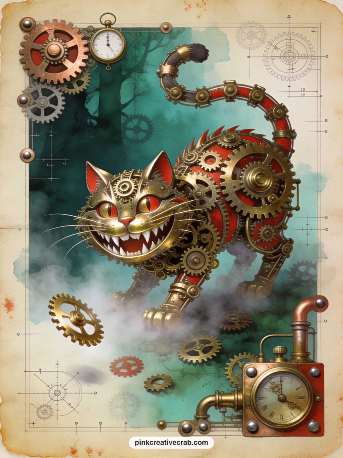 Cheshire Cat Made of Cogs printable page — A grin built from interlocking brass teeth hangs in the air above a half-formed body of turning cogs, the rest of