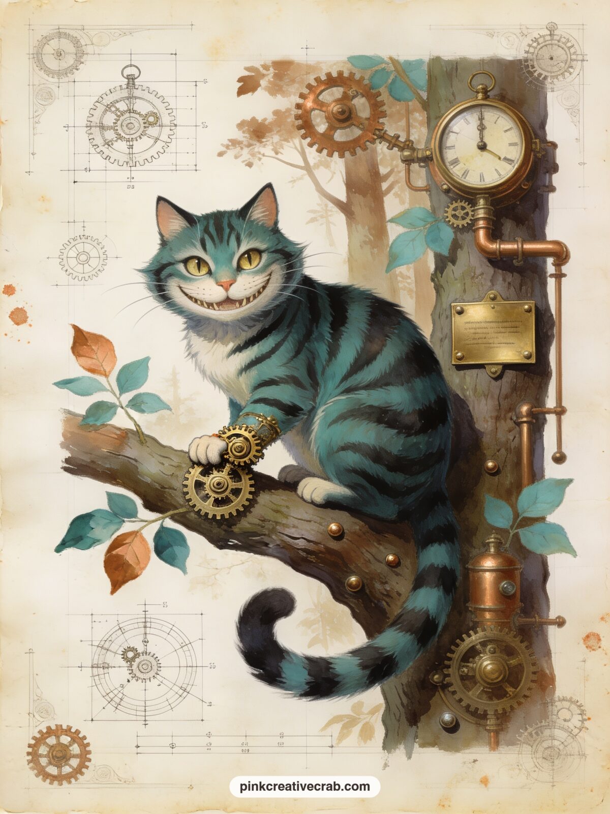 Cheshire Cat on a Branch printable page — Tuck a small folded note or riddle written on scrap paper behind this page before gluing it in, something to find