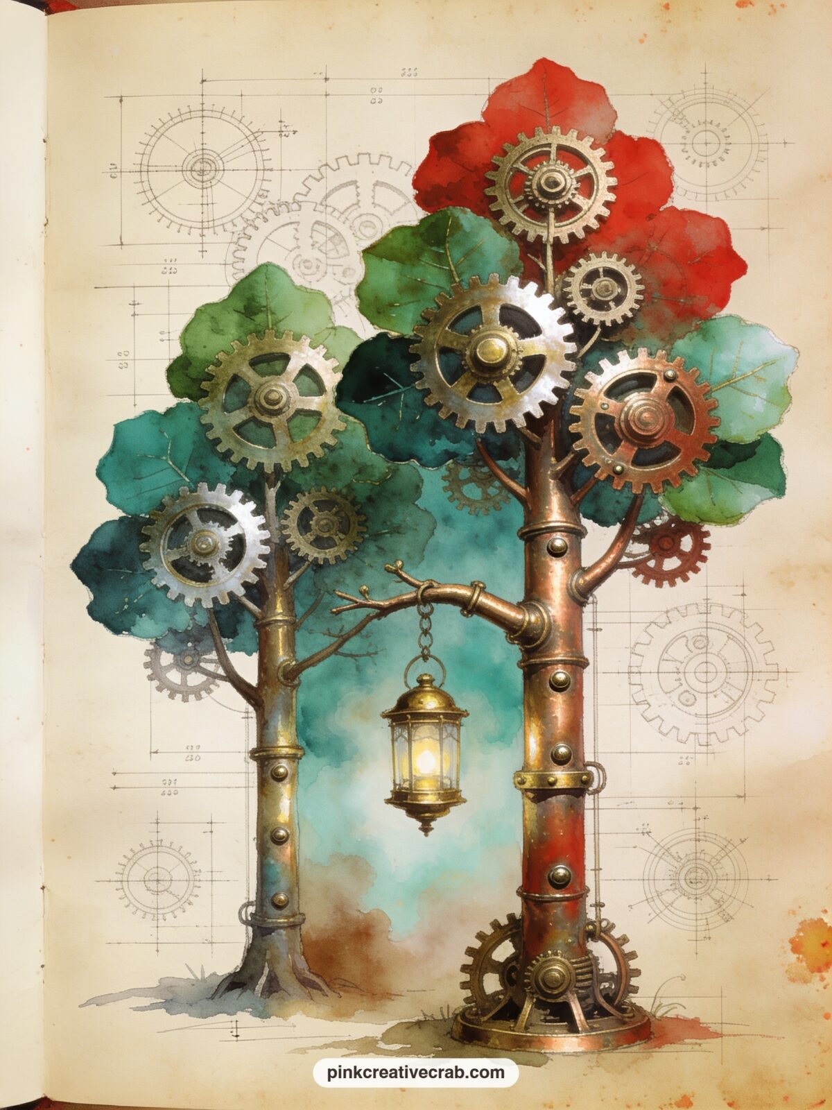 Tulgey Wood Gear Trees printable page — Trees here grow trunks of riveted brass pipe with gear-shaped leaves, a lone lantern hanging from one low branch to