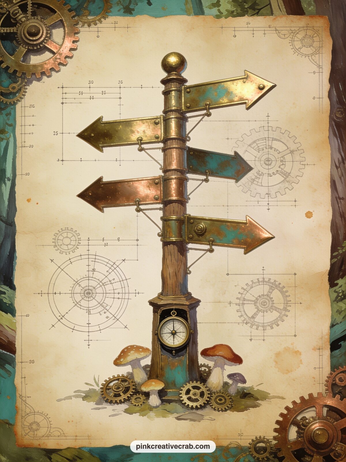 Signpost of Brass Arrows printable page — Pair this with the Blueprint Border Pattern from the background pages, using the pattern as a journal cover so the