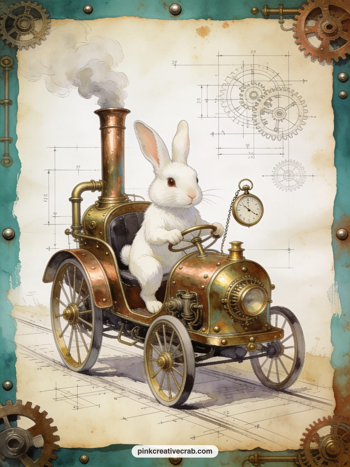 White Rabbit's Steam Carriage printable page — The usual mistake with a vehicle page is making the carriage too small to read clearly. Steampunk alice in