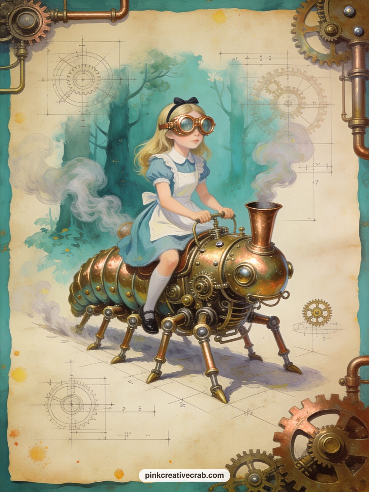 Alice in Goggles on the Clockwork Caterpillar printable page — Alice rides the caterpillar now fitted with brass legs and a steam funnel, a pair of copper