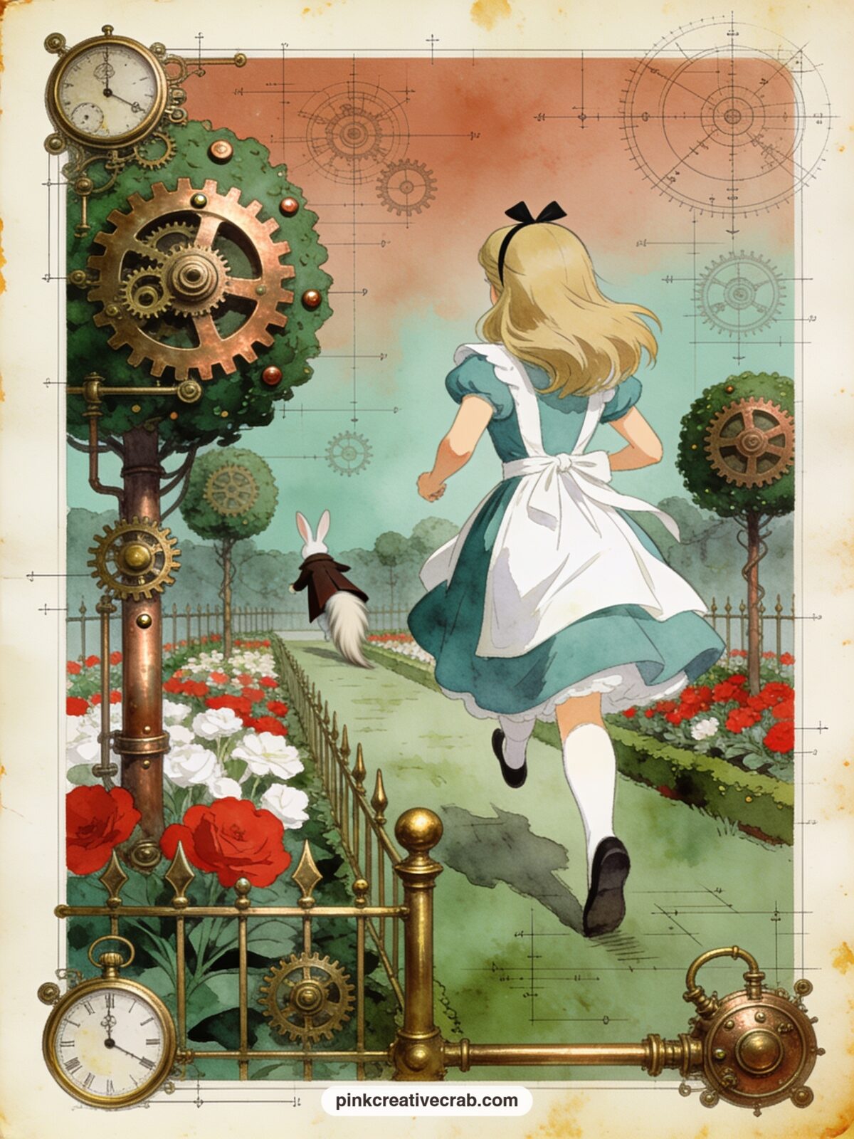 Alice Chasing Through Gear Gardens printable page — Try tea-staining just the bottom edge of this page before gluing it in, a quick way to suggest dust kicked