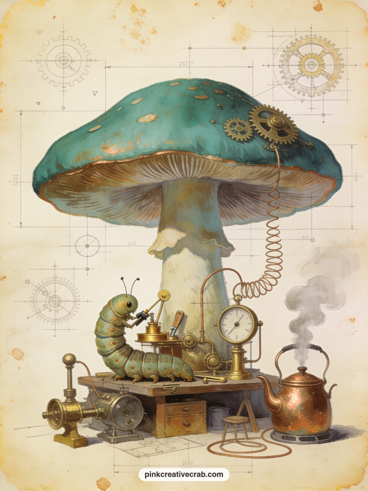 Caterpillar's Mushroom Workshop printable page — For the five minute version, outline just the caterpillar and the central mushroom in copper pencil and leave