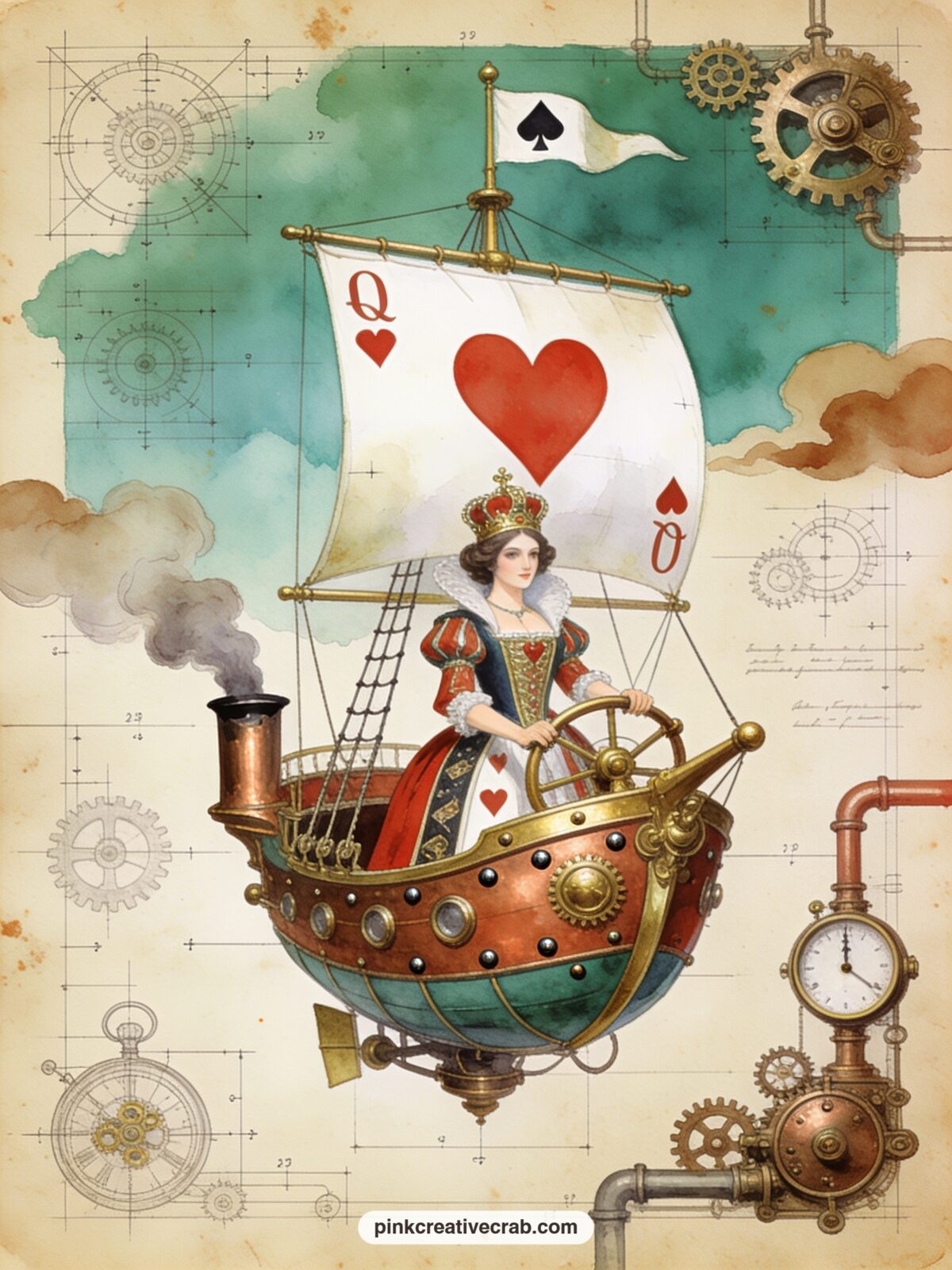 Queen of Hearts in Her Airship printable page — The Queen stands at the helm of a small airship built from a playing card hull and brass rigging, a card-suit