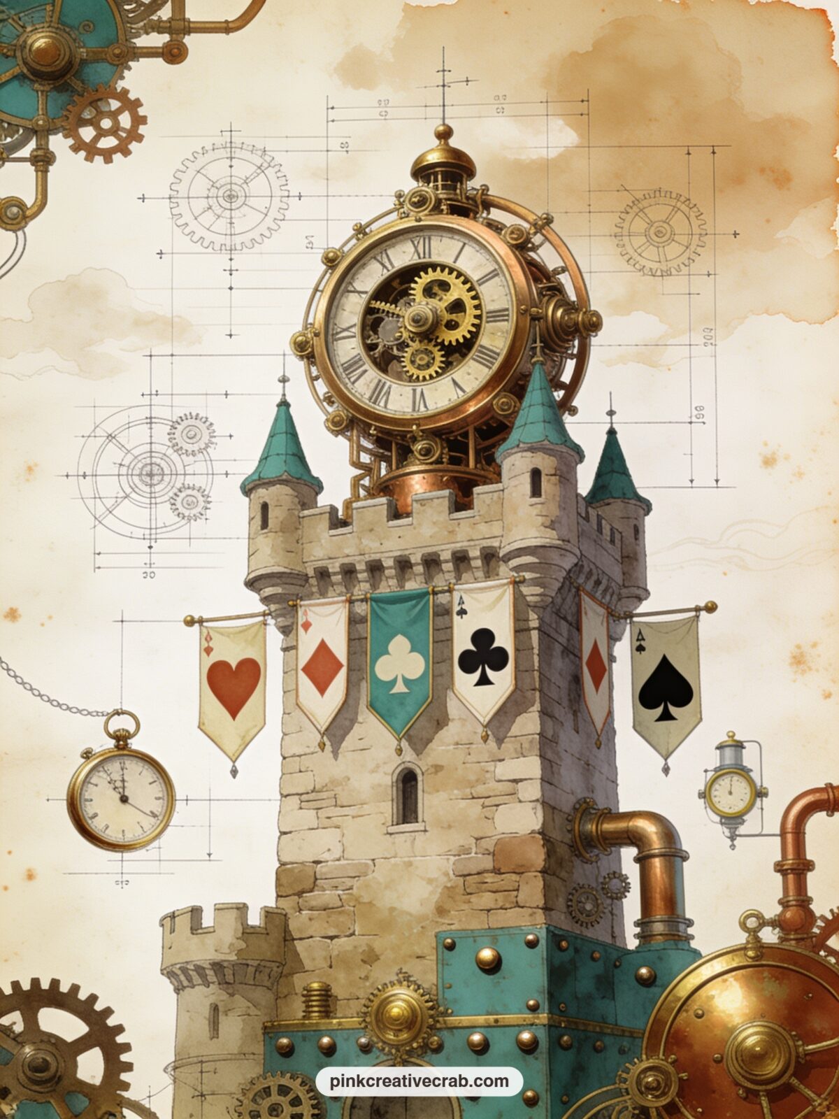 Heart Castle Clock Tower printable page — Glue a small paper flag or banner scrap at the top of the tower here, a quick way to mark this page as belonging to