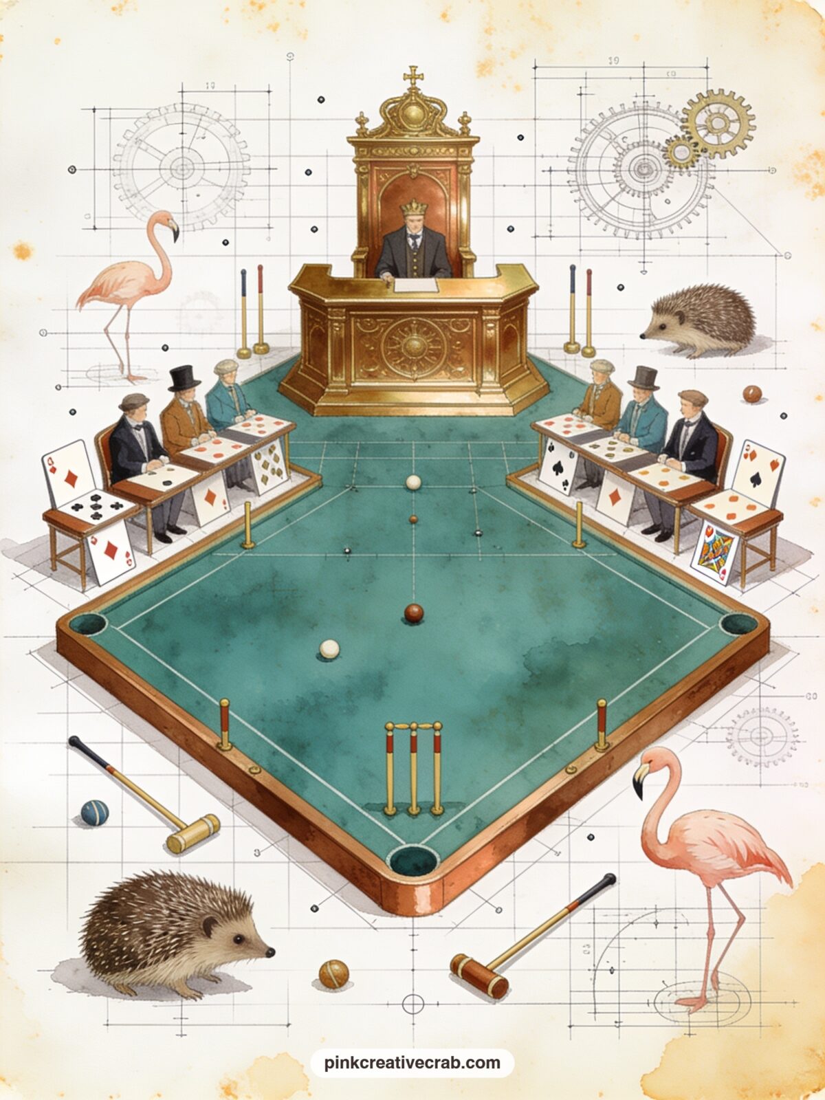 Croquet Ground Before the Trial printable page — What would you plead if called before a court built from gears and playing cards. Steampunk alice in