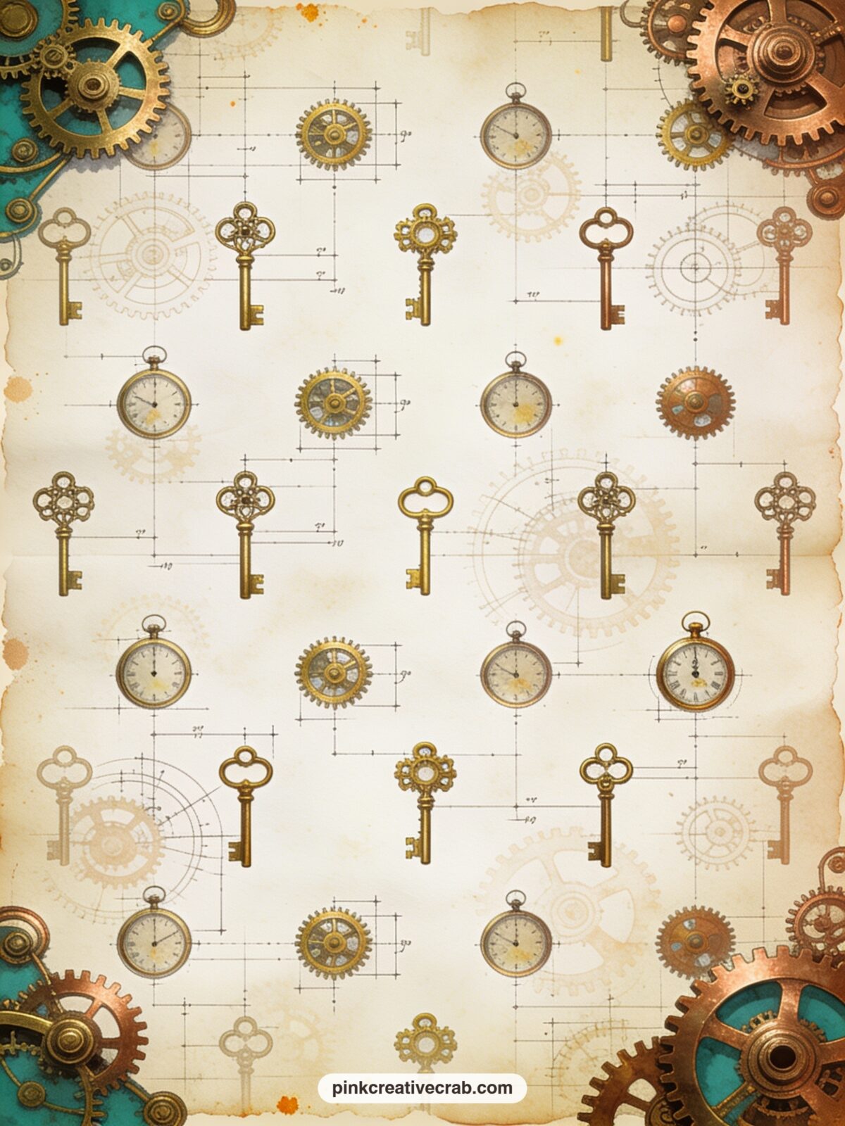 Gears and Keys Pattern printable page — An all-over scatter of small brass gears, skeleton keys and watch faces in copper and teal, suited to lining a cover