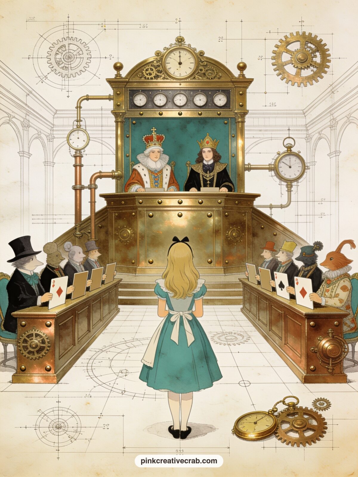 Alice Before the Court of Hearts printable page — Place this page in a spread facing the Heart Castle Clock Tower page, letting the courtroom scene sit