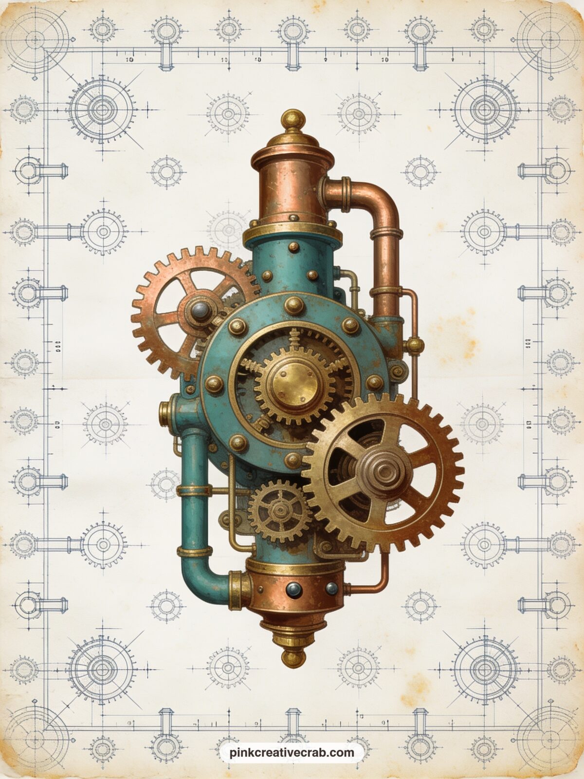 Blueprint Border Pattern printable page — Fine technical sketch lines of cogs and pipework run edge to edge here, good under a sepia photo, as a cover sheet or