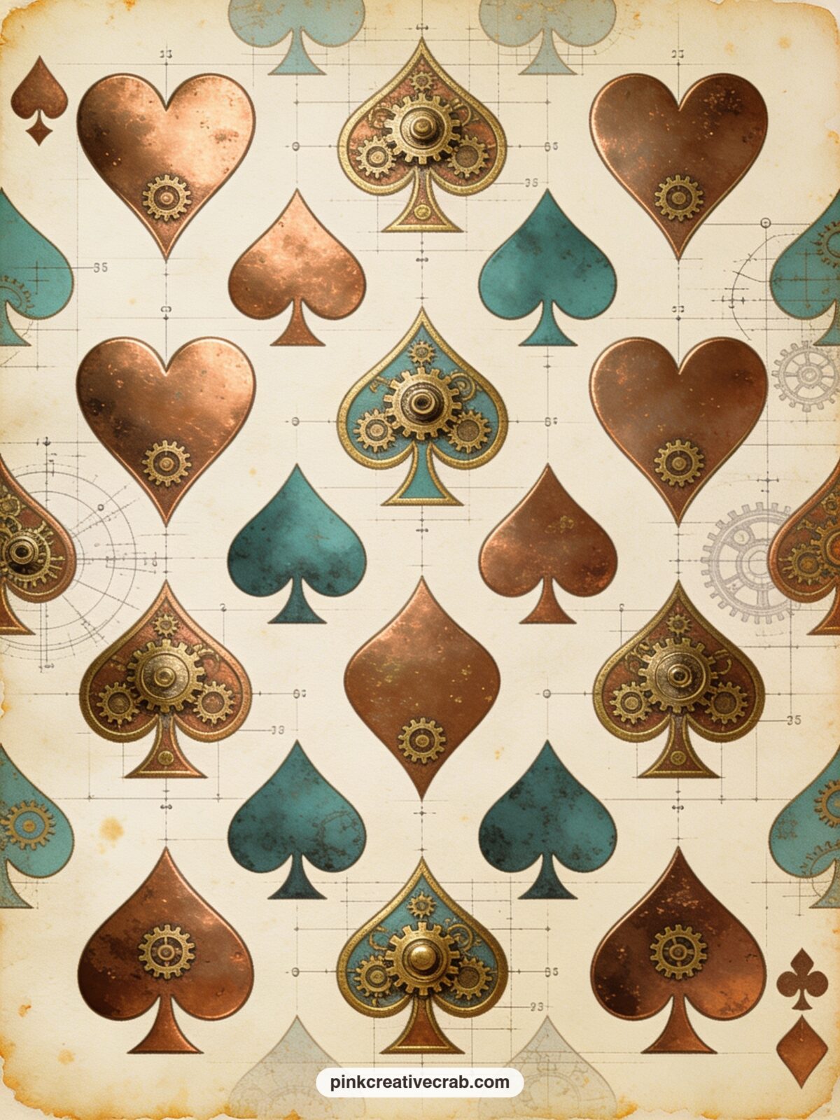 Playing Card Damask Pattern printable page — Heart and spade shapes alternate with small cog motifs in a damask layout, ready behind a portrait photo, as a