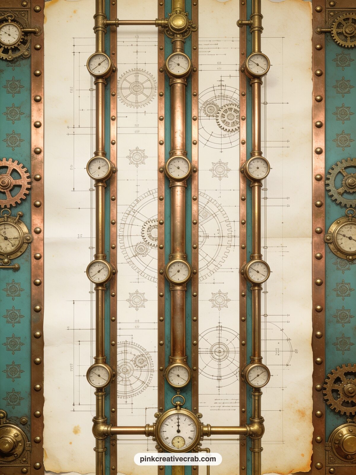 Steam Pipe Stripe Pattern printable page — Vertical brass pipe stripes with rivets and small gauges run top to bottom, a steady pattern suited to a cover