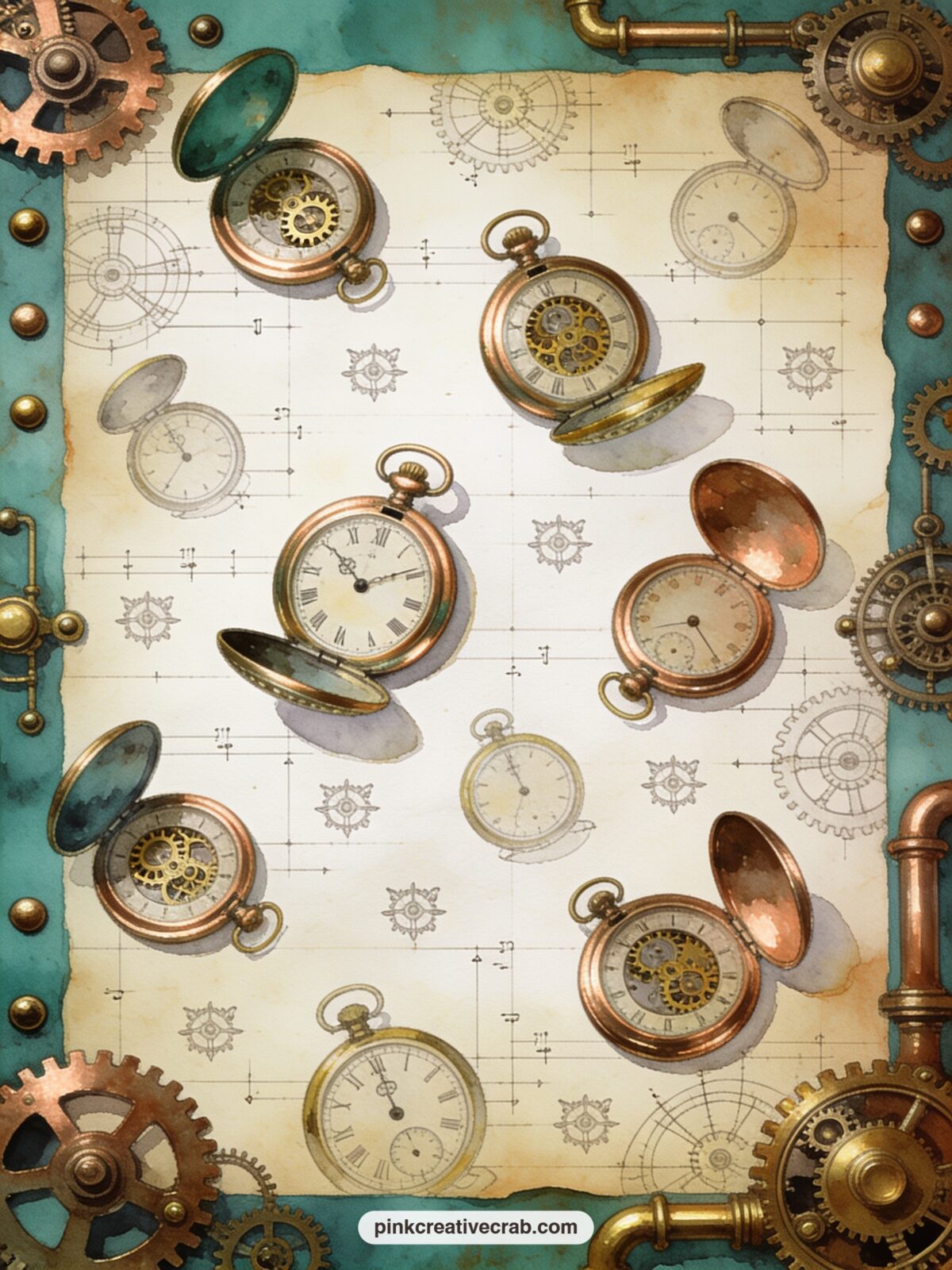 Pocket Watch Scatter Pattern printable page — Open and closed pocket watches of different sizes scatter loosely across the sheet, good for lining a cover