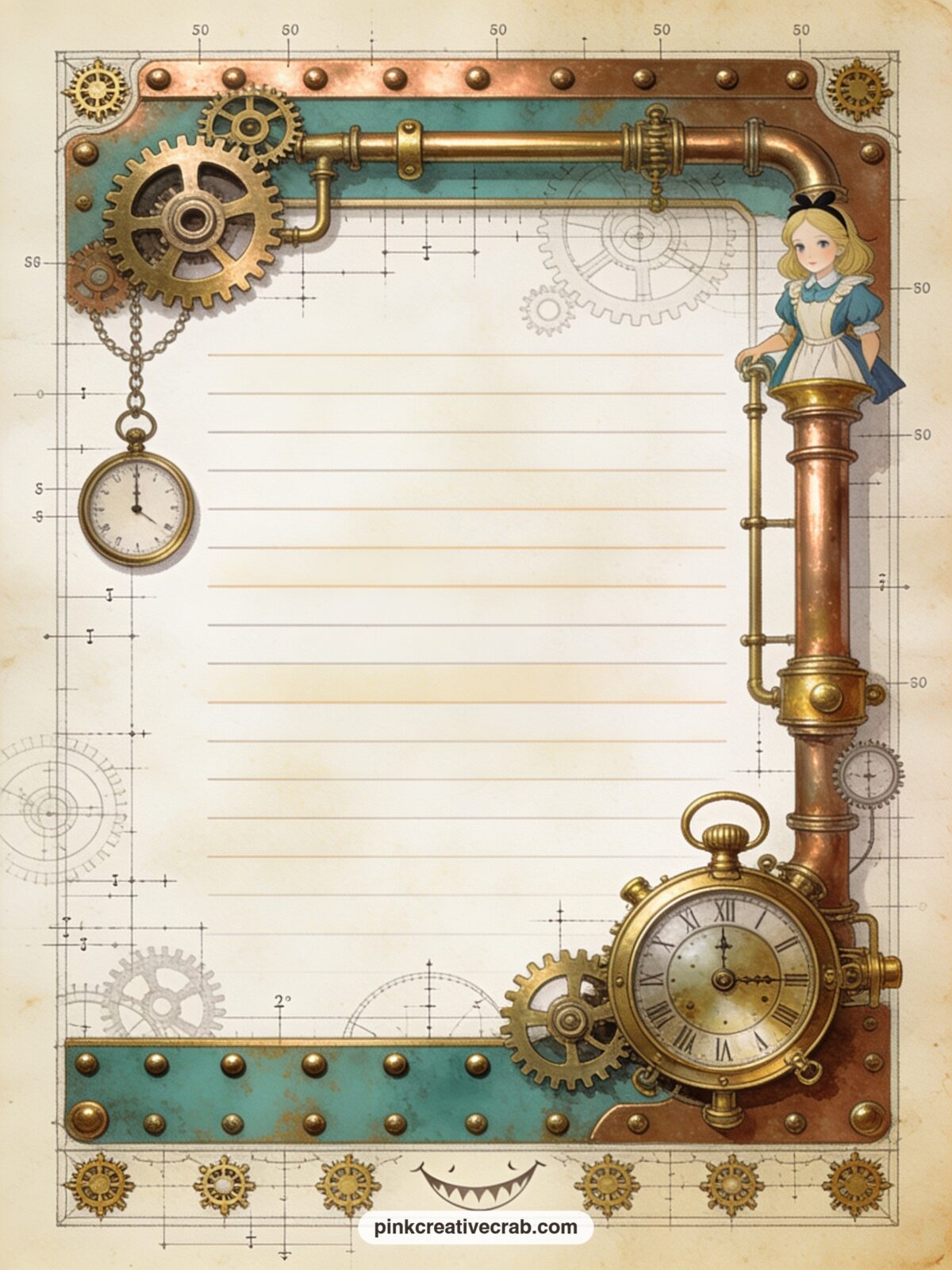 Cheshire Grin Lined Page printable page — Fits a riddle you want to remember, a short list of things that made you smile this week, or a line about something