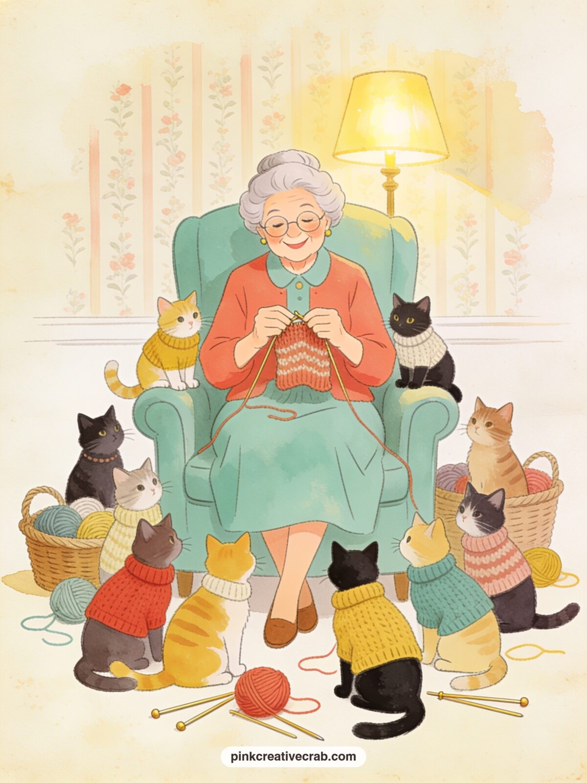 Granny With Twelve Cats Knitting Sweaters printable page — A granny surrounded by twelve cats in various stages of getting fitted for hand-knit sweaters makes