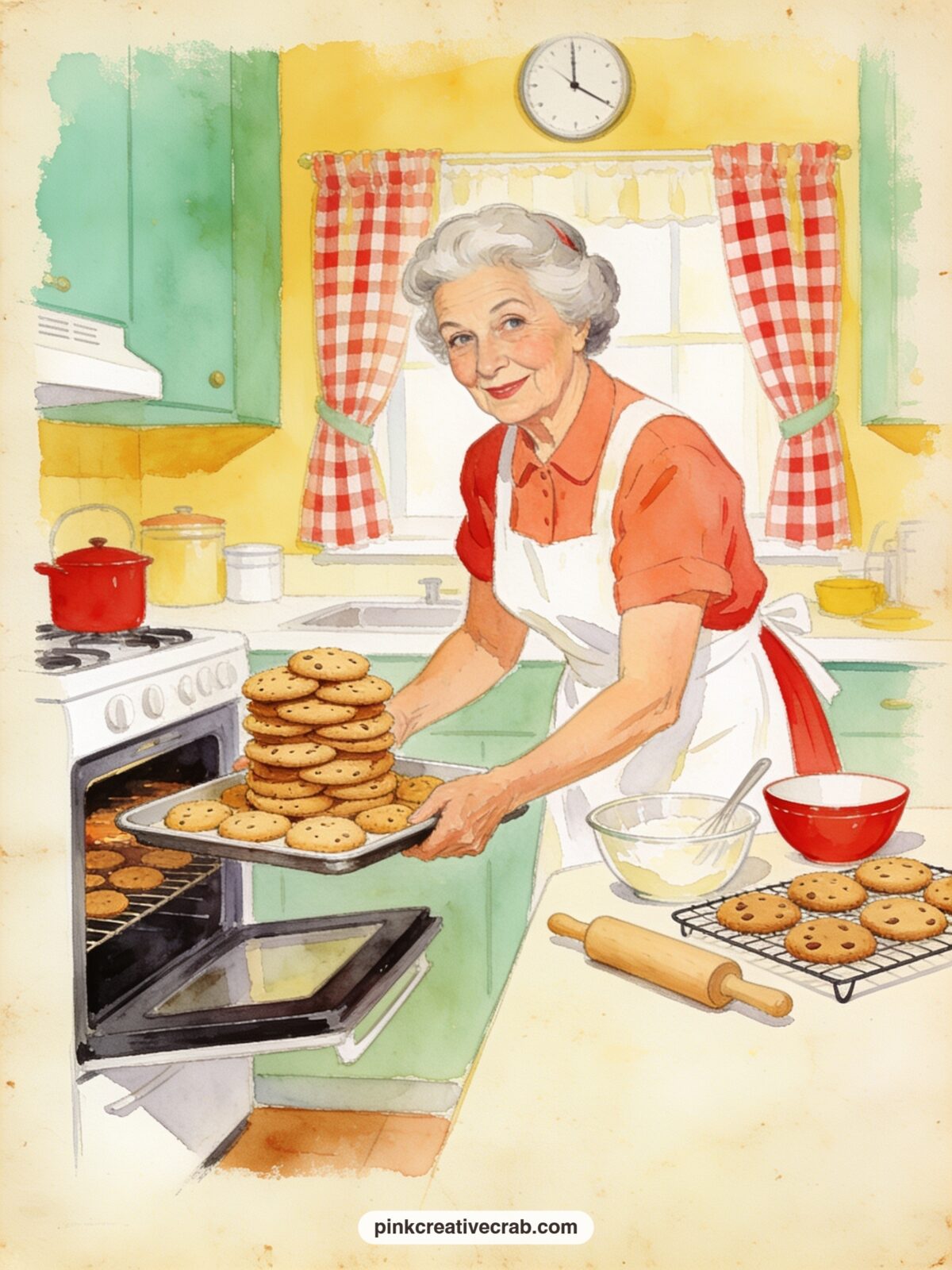 Granny Baking A Mountain Of Cookies printable page — Pair this page with the yarn and pie slice pattern from this set: glue a strip of the pattern along the