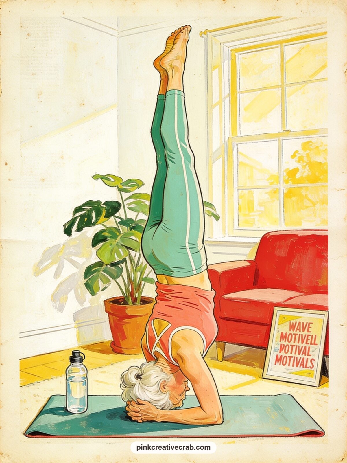 Granny Doing A Headstand Yoga Pose printable page — The usual mistake with an action page like this is cramming it with tiny props until the pose gets lost.