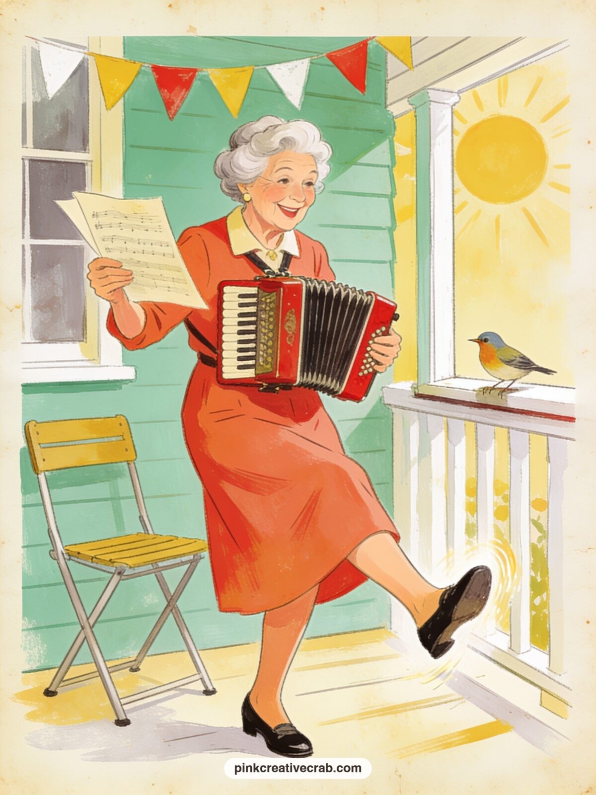 Granny Playing A Tiny Accordion printable page — Good for the grandmother in your life who never met a party she could not liven up: tuck this page near the