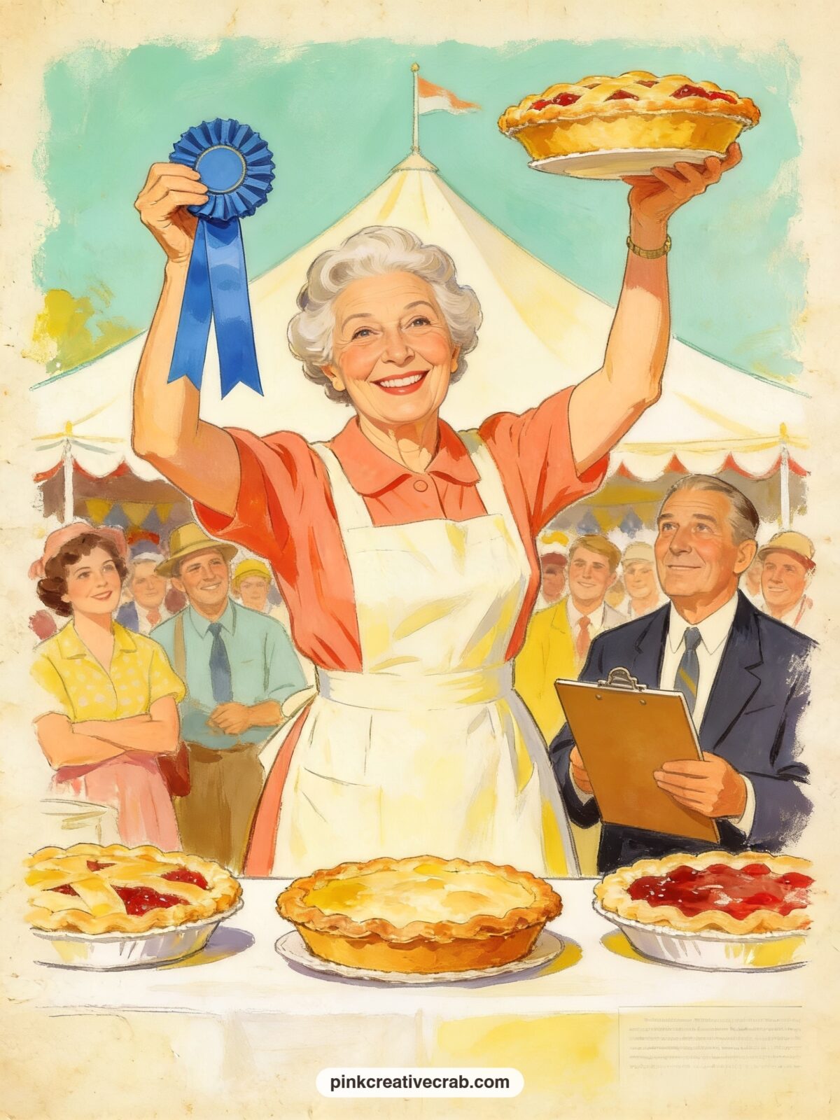 Granny Winning The County Pie Contest printable page — Write the ribbon-winning flavor right on the page, plus two flavors that almost won and one she secretly