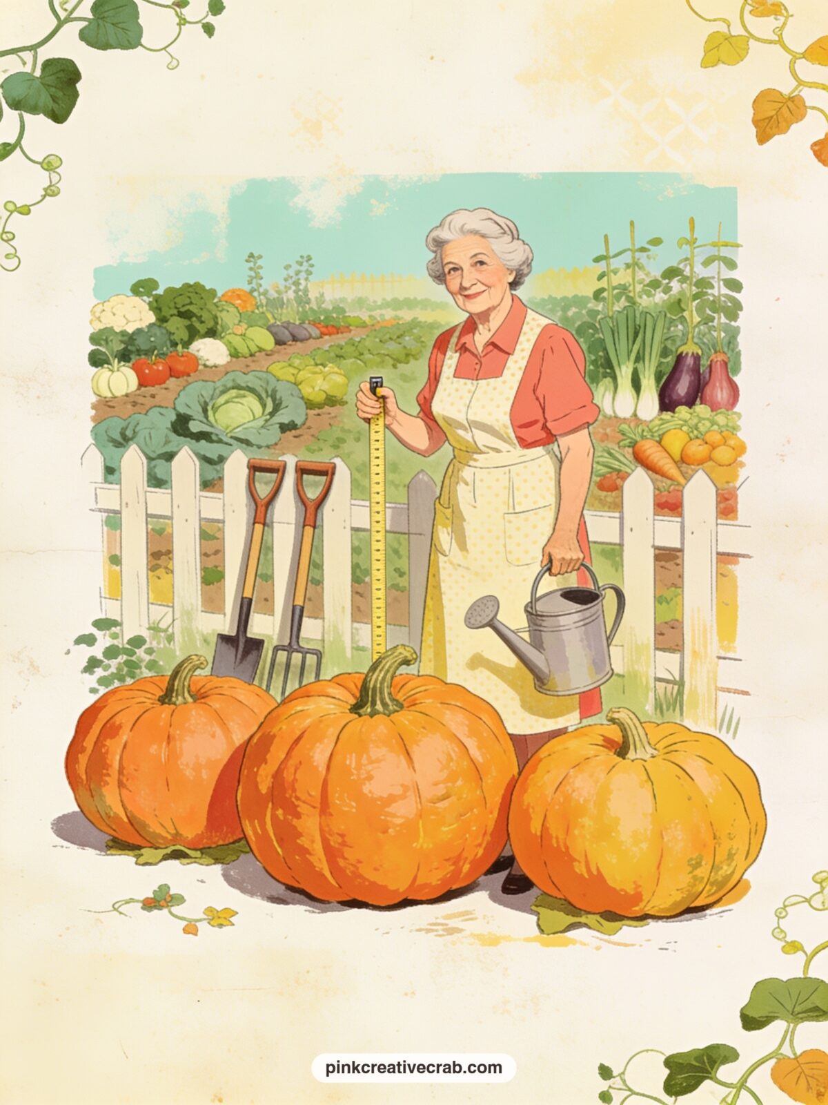Granny In A Garden Of Giant Pumpkins printable page — Tear the right edge of this page unevenly before gluing it in, so the torn line echoes a vine creeping