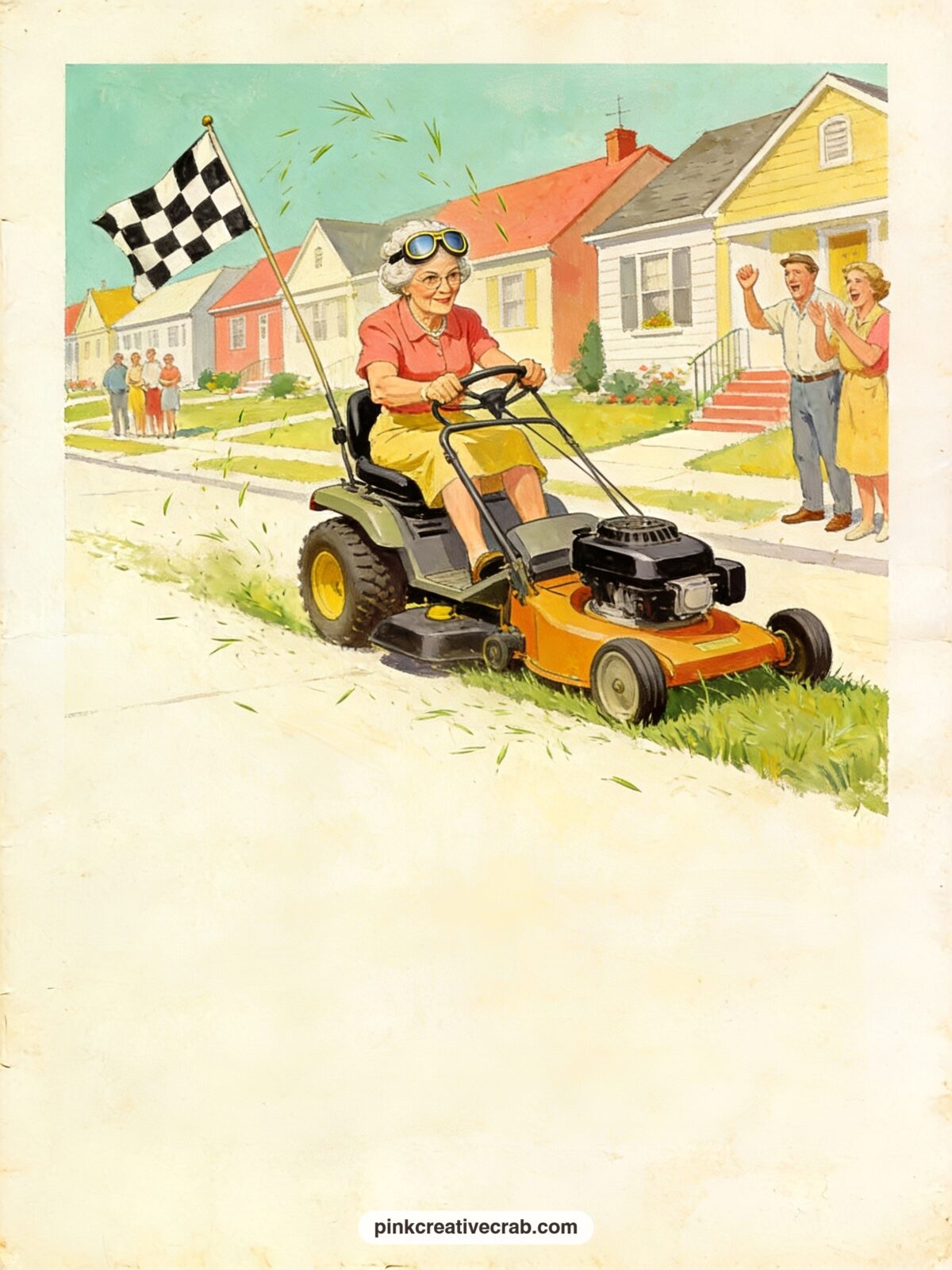 Granny Racing A Riding Lawnmower printable page — A single sentence says it all here: a granny grips the wheel of a riding lawnmower mid race, goggles on, with