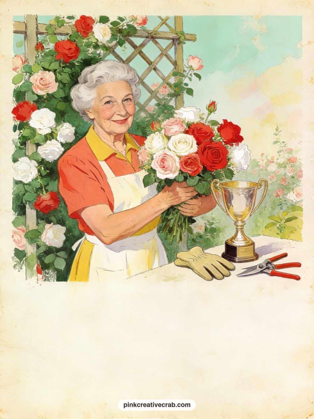 Granny Showing Off Prize Roses printable page — The usual mistake is making a flower page too delicate for this set's bold humor. Crazy old ladies funny