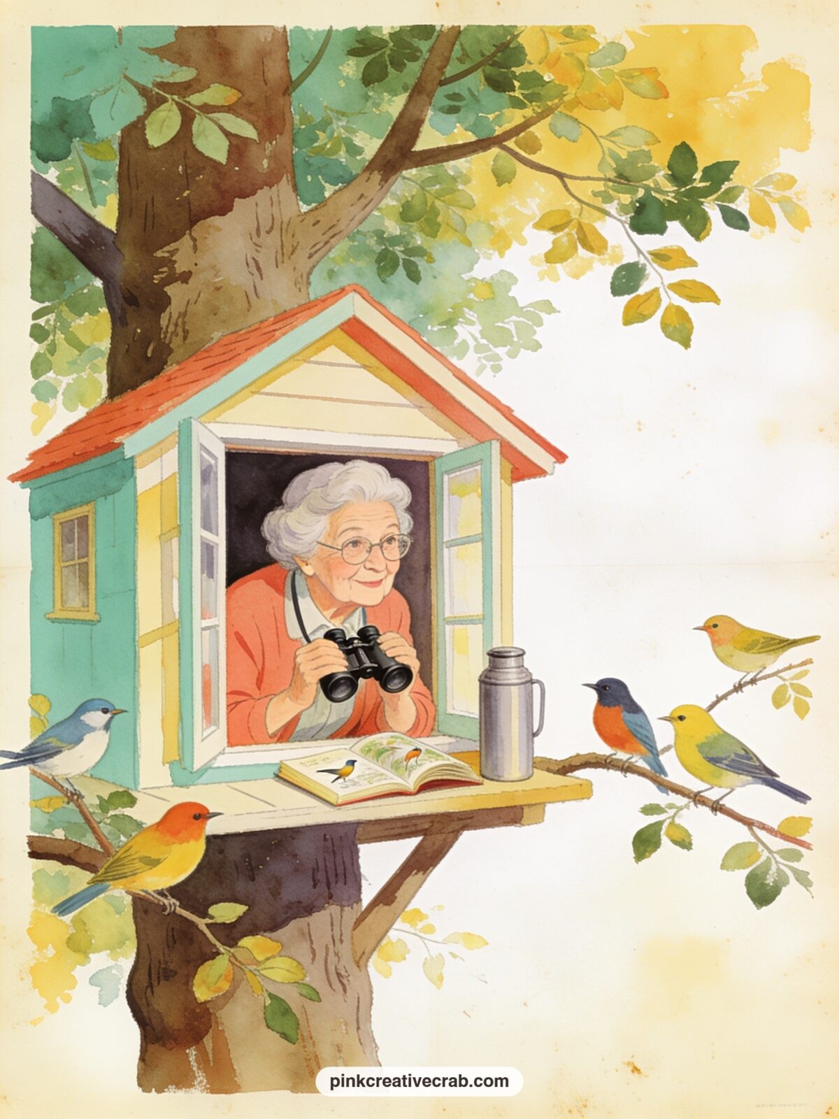Granny Bird Watching From A Tree House printable page — Who is this one for. Crazy old ladies funny
