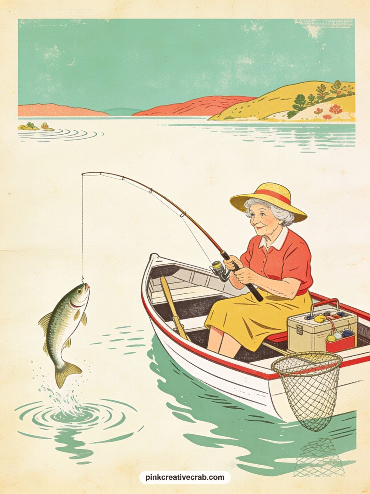 Granny Fishing From A Rowboat printable page — Write a short prompt for this one: what is the biggest fish story she has ever told, and did anyone actually
