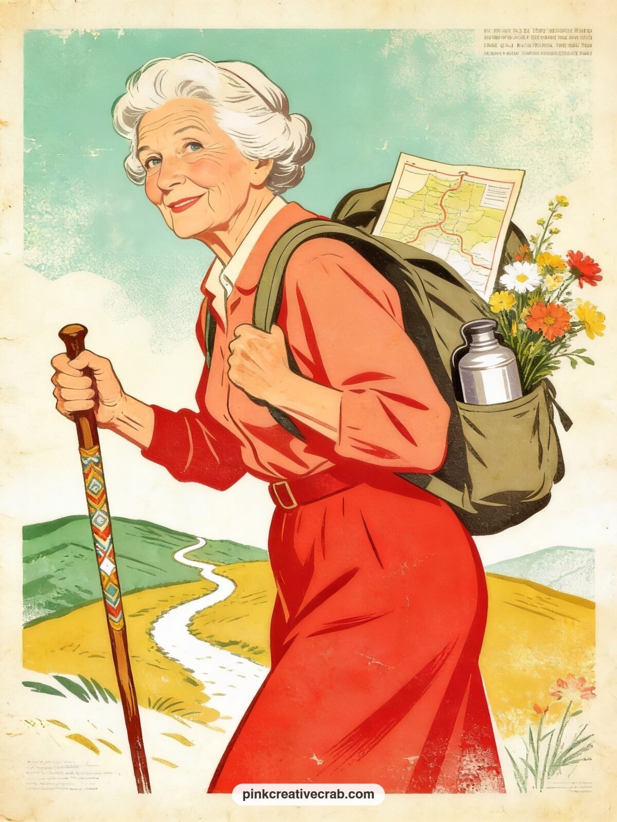 Granny Hiking With A Walking Stick Army printable page — Place this page in a spread beside the tree house page: her trail seems to lead straight into the