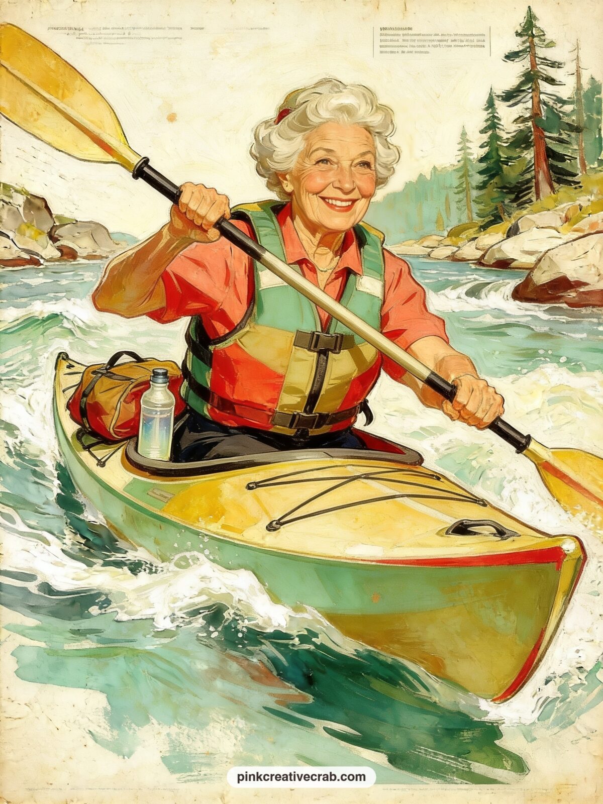 Granny Kayaking Down A River printable page — Five minute version: glue this page in flat with no trimming or tearing, add one line of the date underneath, and