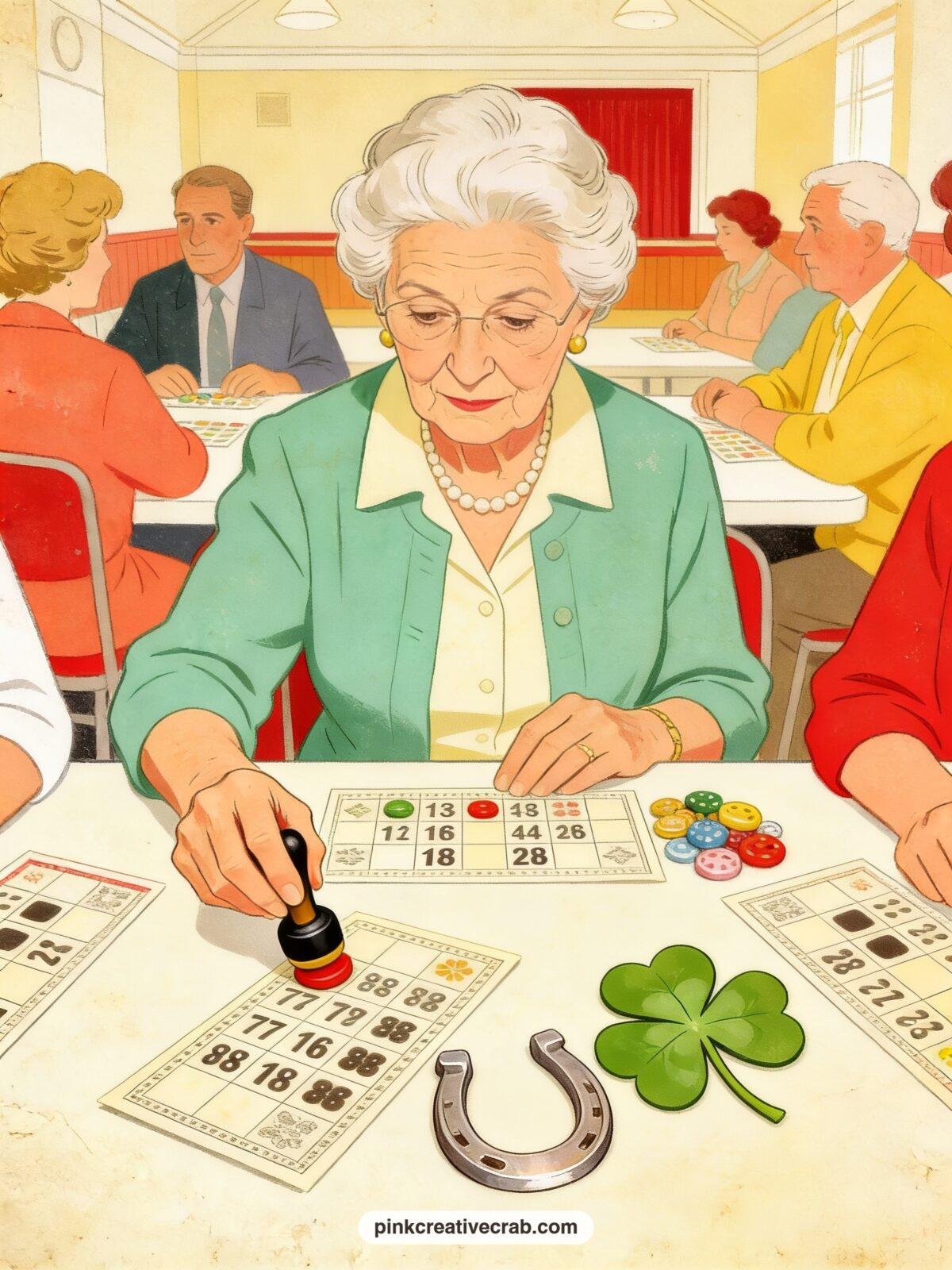 Bingo Night With Lucky Charms printable page — A granny at the bingo table surrounded by a small arsenal of lucky charms, a dauber, a horseshoe and a four leaf