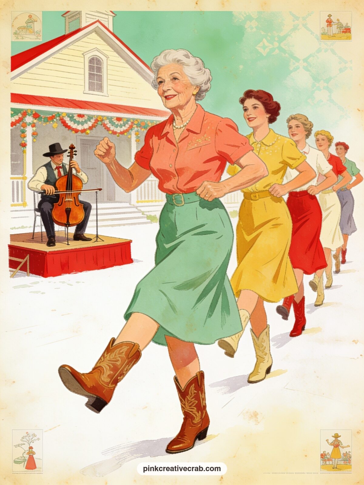 Granny Line Dancing At The Grange Hall printable page — The usual mistake is leaving the background too plain for a dance scene. Crazy old ladies funny
