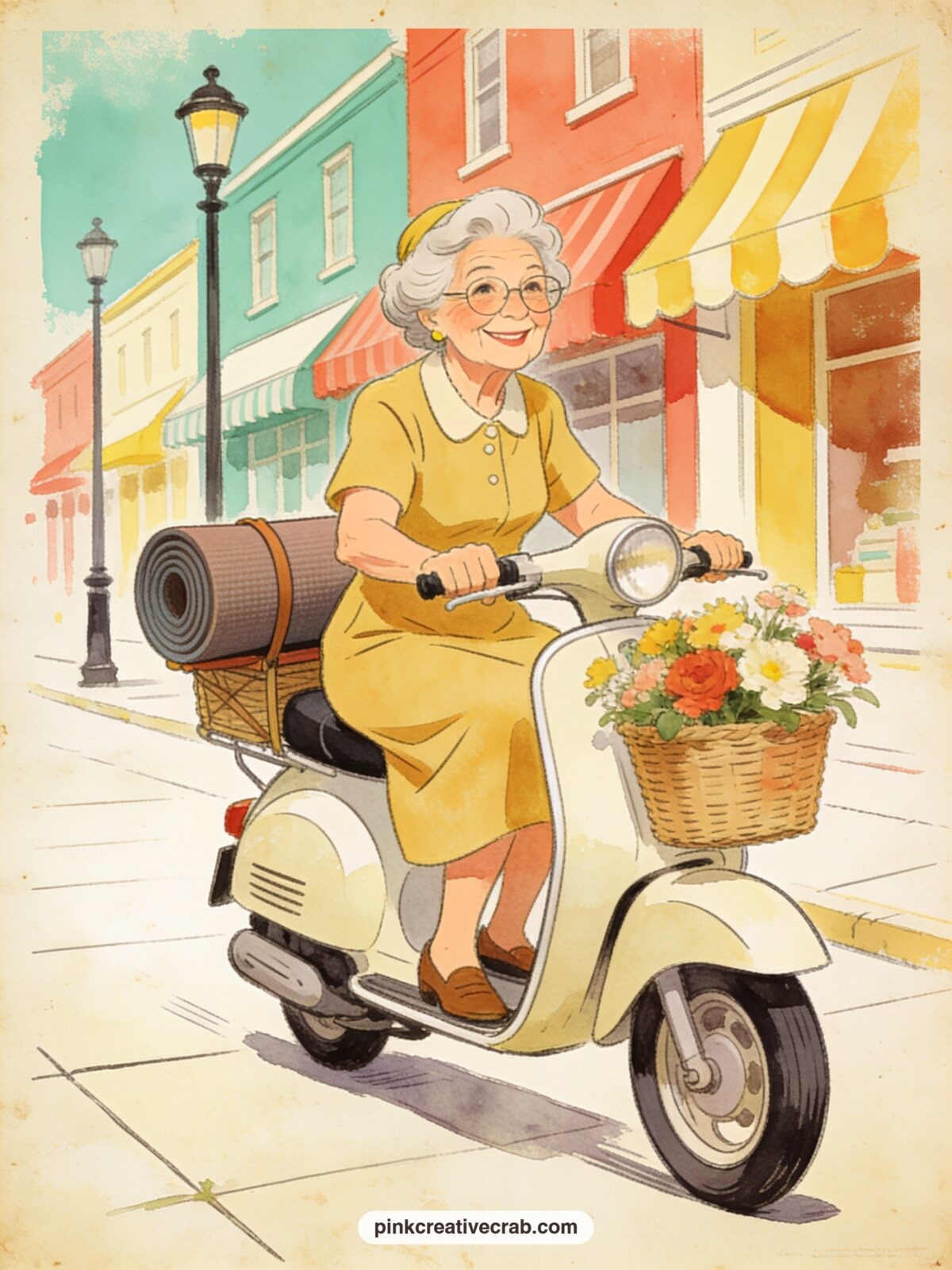 Granny Riding A Scooter To Yoga Class printable page — Prompt for the entry: where is she actually headed today, and what is tucked into the basket on the