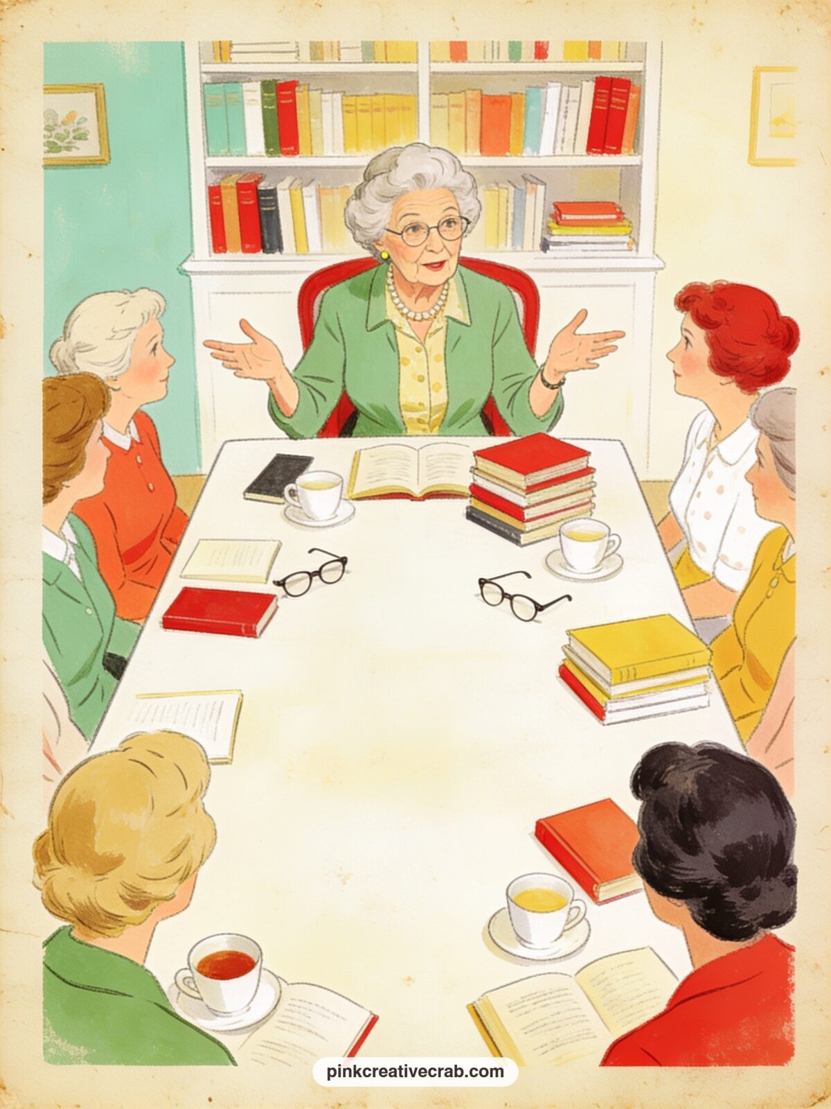 Granny Running The Town Book Club printable page — This cheerful scene gathers a granny holding court at the head of a book club table, teacups and well-loved