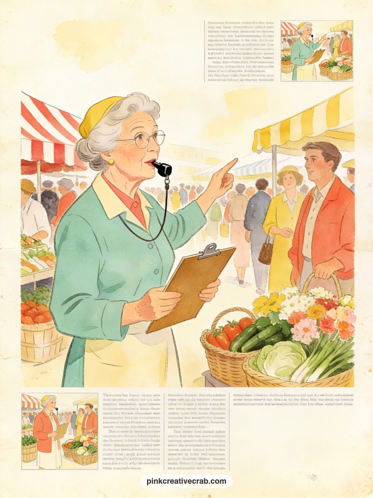Granny Directing Traffic At The Farmers Market printable page — Fold this page in half before gluing the back edge in, so it opens like a small gate revealing