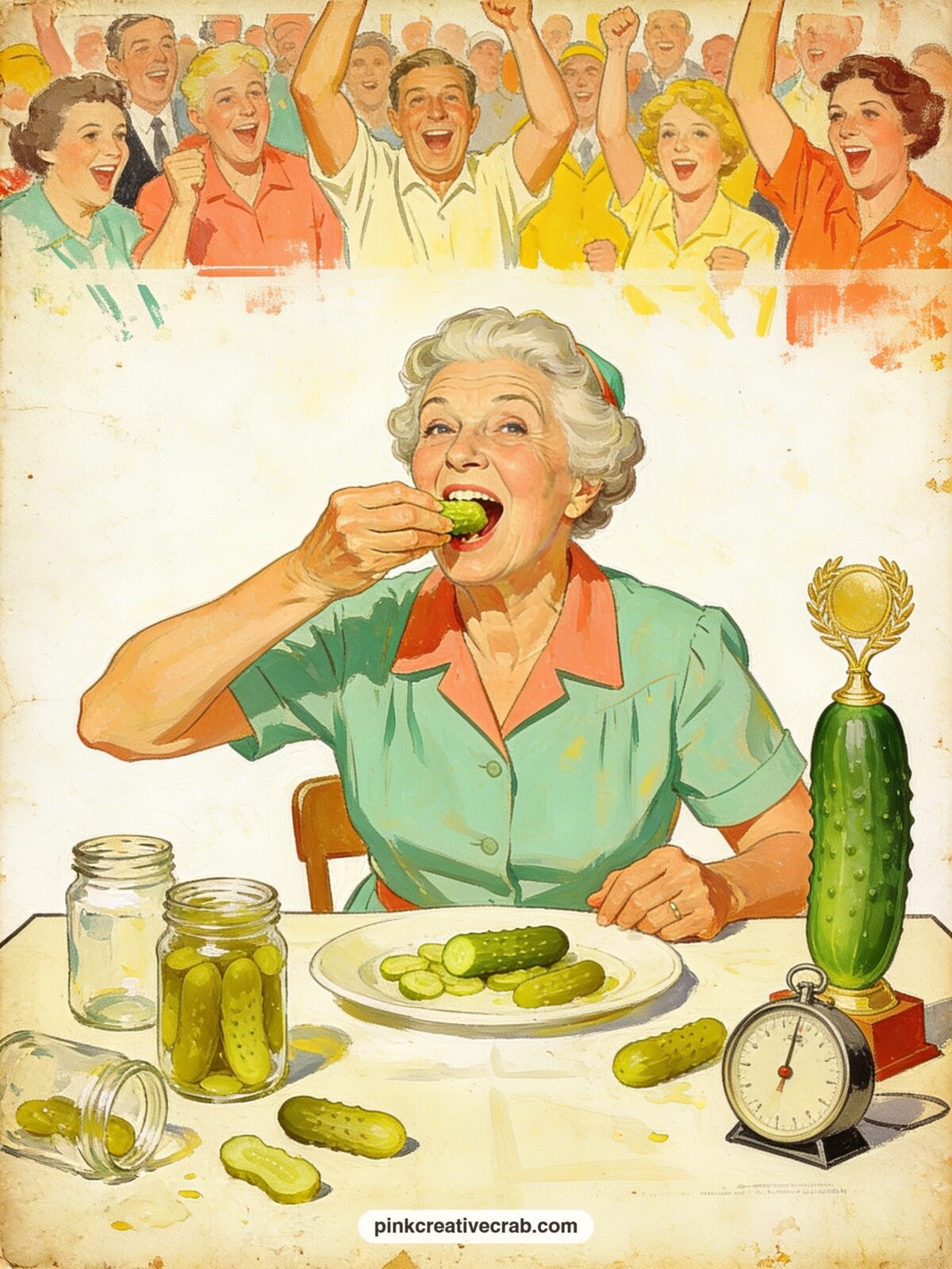 Granny Winning The Pickle Eating Contest printable page — Six jars of pickles, a trophy shaped like a cucumber and a triumphant granny with juice on her chin