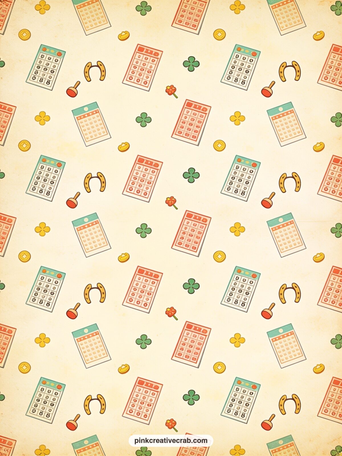 Bingo Cards And Lucky Charms Pattern printable page — Use this one behind a bingo night photo, as a cover for a game night section, or trimmed into strips for