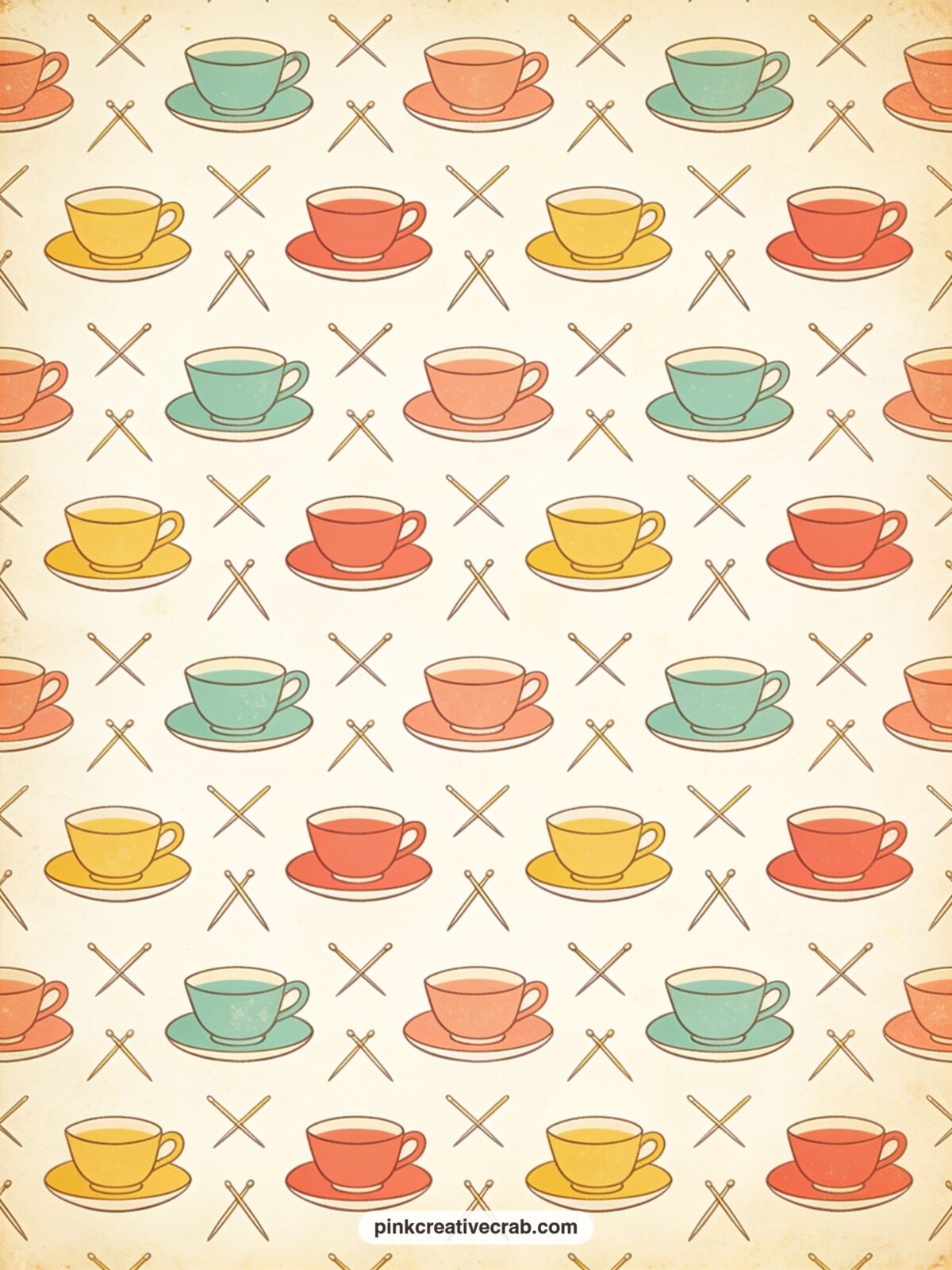 Teacups And Knitting Needles Pattern printable page — Good under a teacup photo, as a soft cover for the whole journal, or layered behind a lined page so a