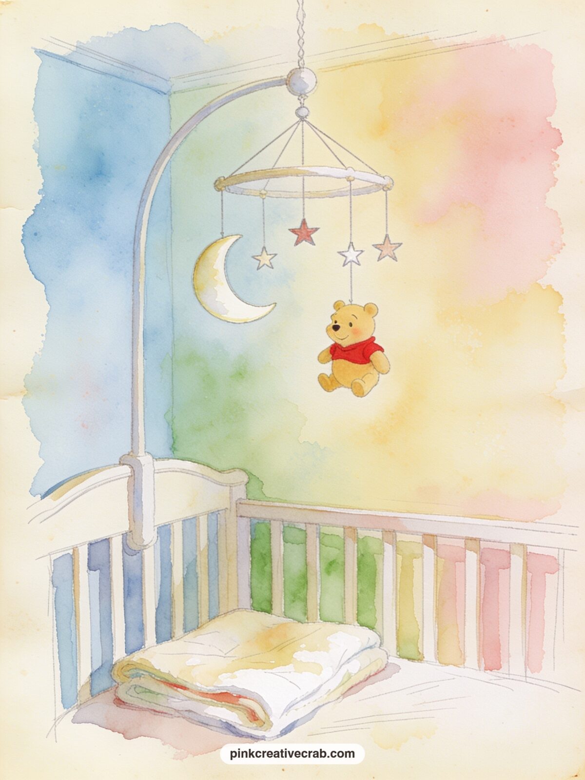 Pooh's Nursery Mobile printable page — Hanging stars, a crescent moon and a tiny Pooh figure make up this mobile scene, with a soft crib rail and folded