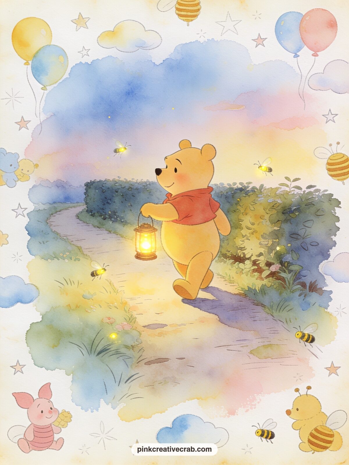 Winnie's Lantern Walk printable page — Winnie carries a small glowing lantern along a quiet garden path at dusk, with a few fireflies and a low hedge painted