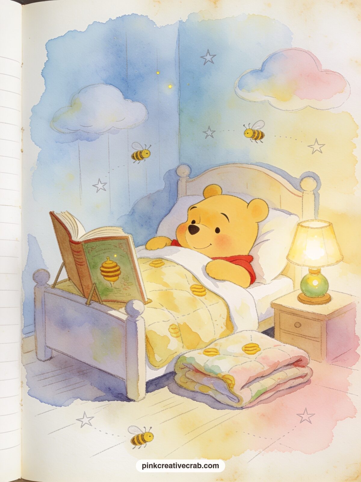 Winnie's Bedtime Story printable page — Winnie settles into a small bed with a storybook propped open, a nightlight and a folded quilt nearby, the whole room