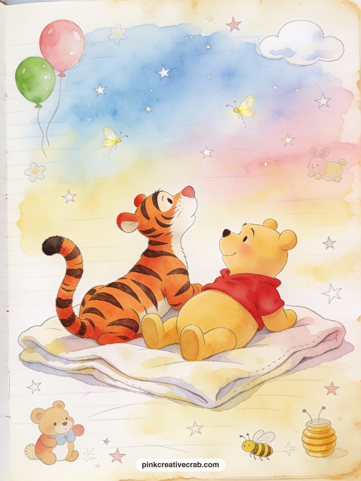 Tigger And Roo Stargazing printable page — Tigger and Roo lie together looking up at a wide sky full of small stars, with a folded blanket spread beneath them