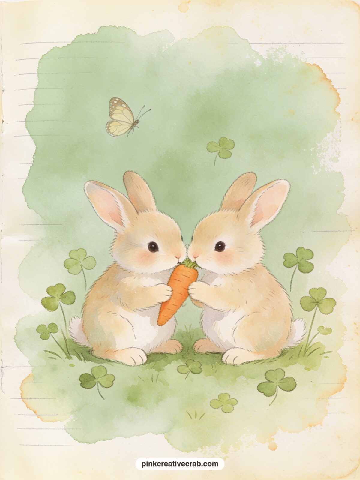 Bunny Siblings Sharing A Carrot printable page — Two baby bunnies sit nose to nose sharing one long carrot between them, a scattering of clover and a small