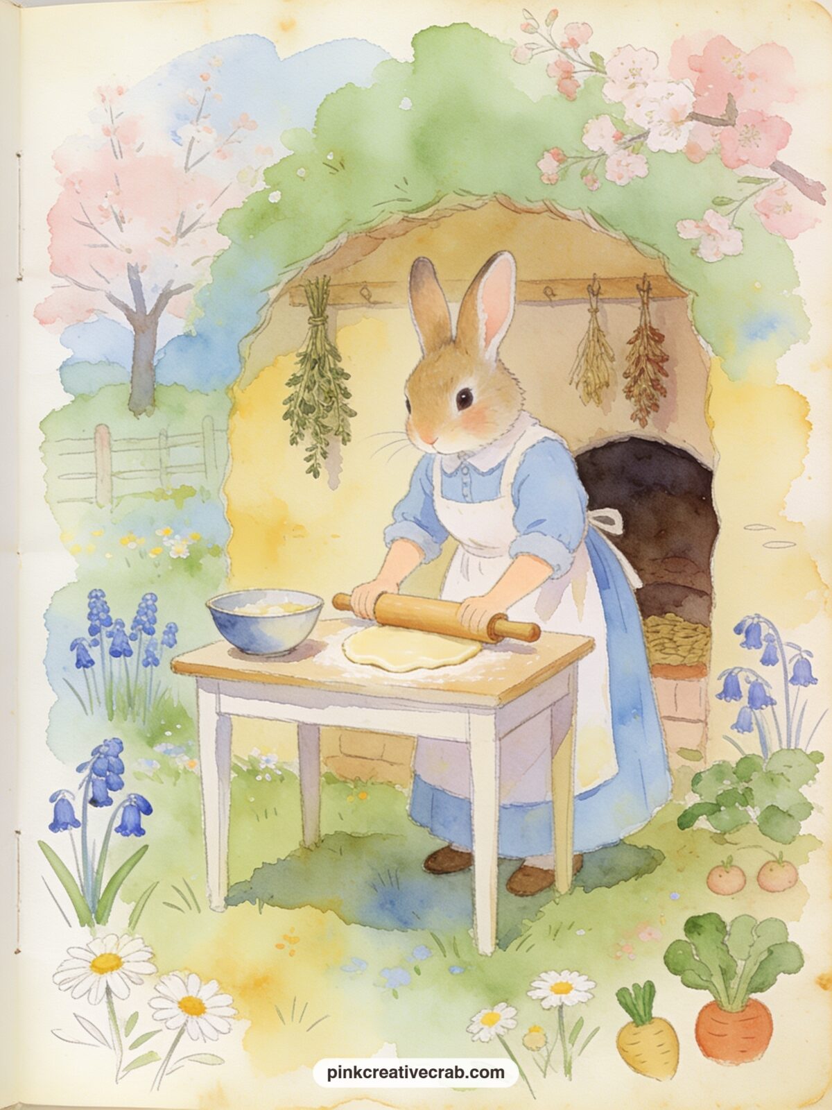 Mrs Rabbit Baking In The Burrow Kitchen printable page — Mrs Rabbit stands at a small burrow kitchen table rolling out pastry, with a mixing bowl, a rolling