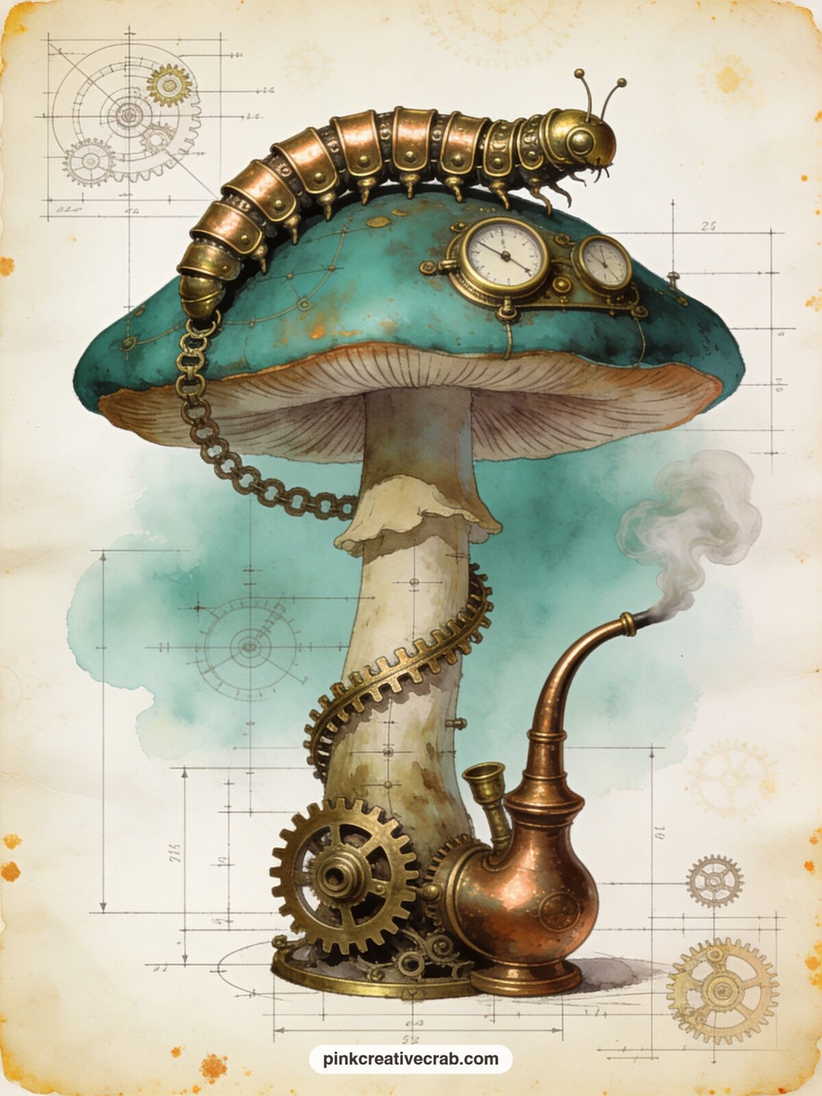 Caterpillar on a Clockwork Mushroom printable page — The usual mistake with a crowded scene like this is adding too many small gears until the caterpillar