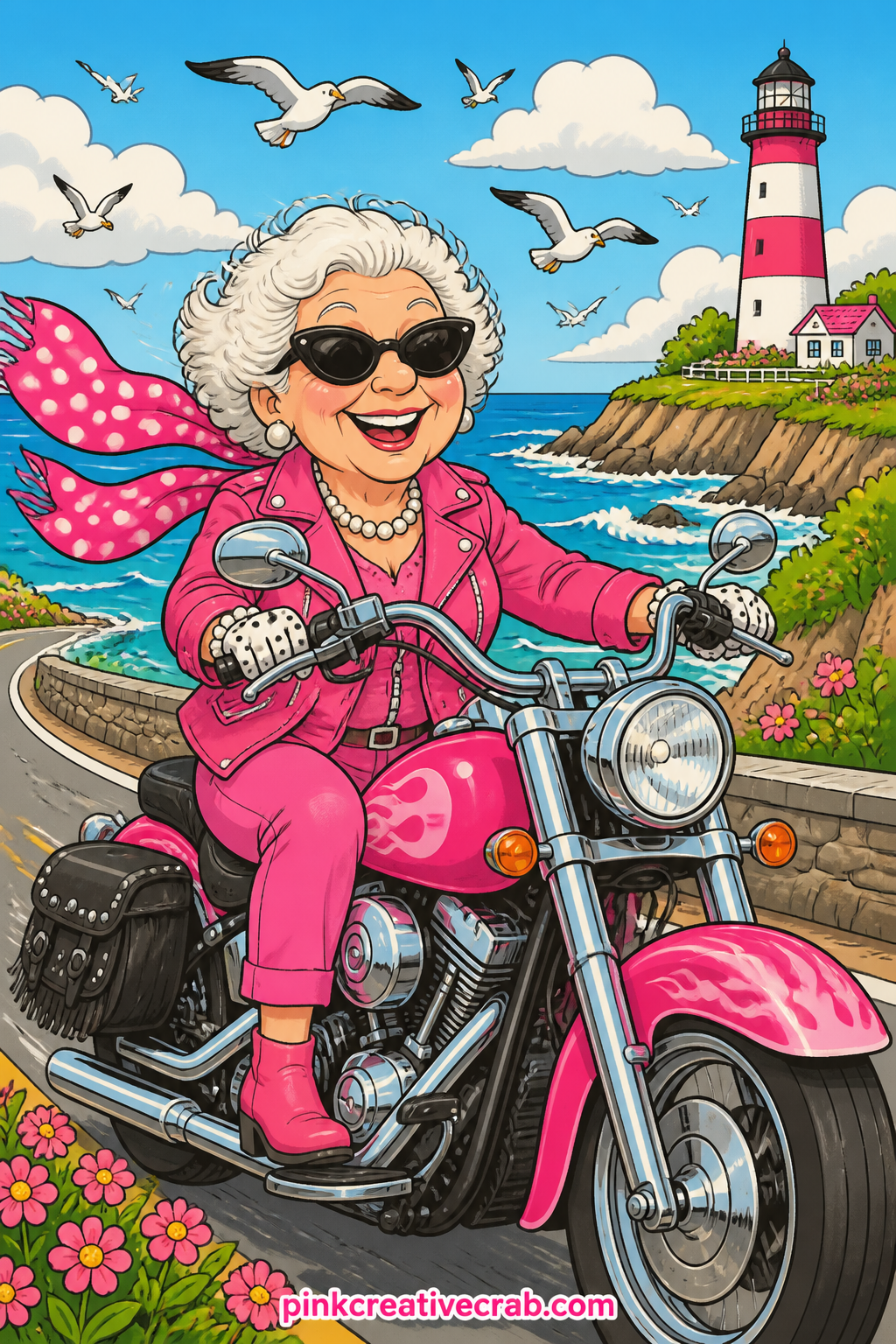 Biker Granny On The Coast printable page — Pair this one with the Pearls and Curlers Pattern page a few sheets later: use the pattern as a strip glued along